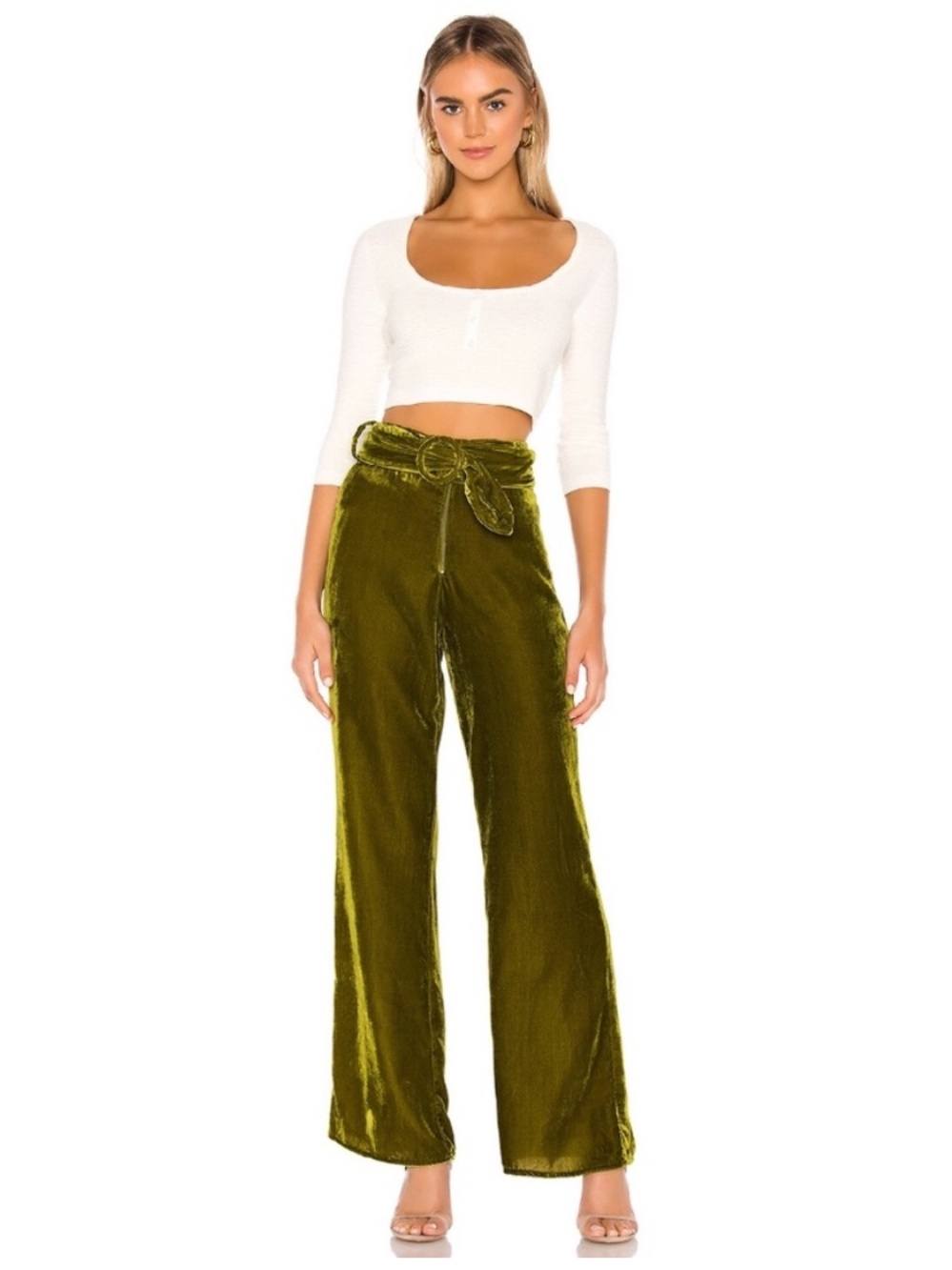 High-Rise Olive Velvet Wide-Leg Pants with Tie Waist